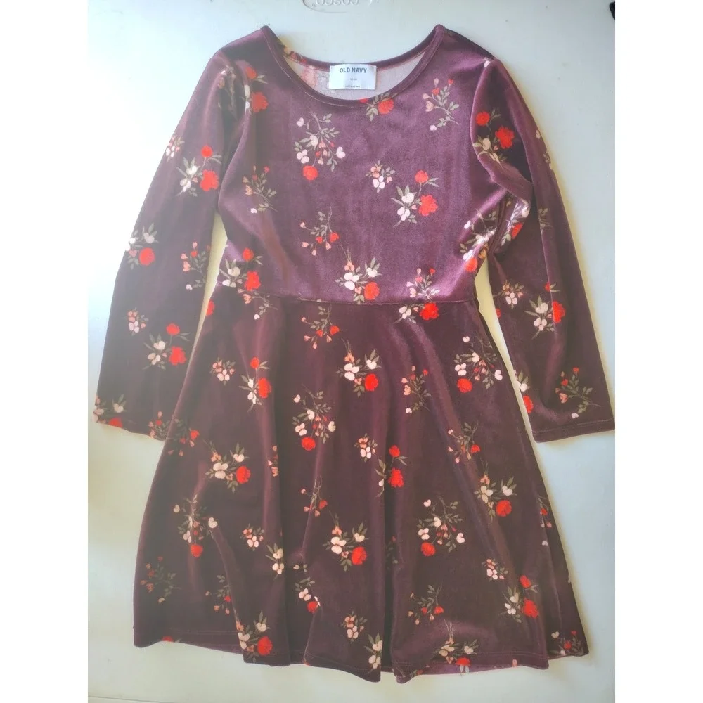 Old Navy Girls Burgundy Floral Velvet Long Sleeve Fit and Flare Dress Size L